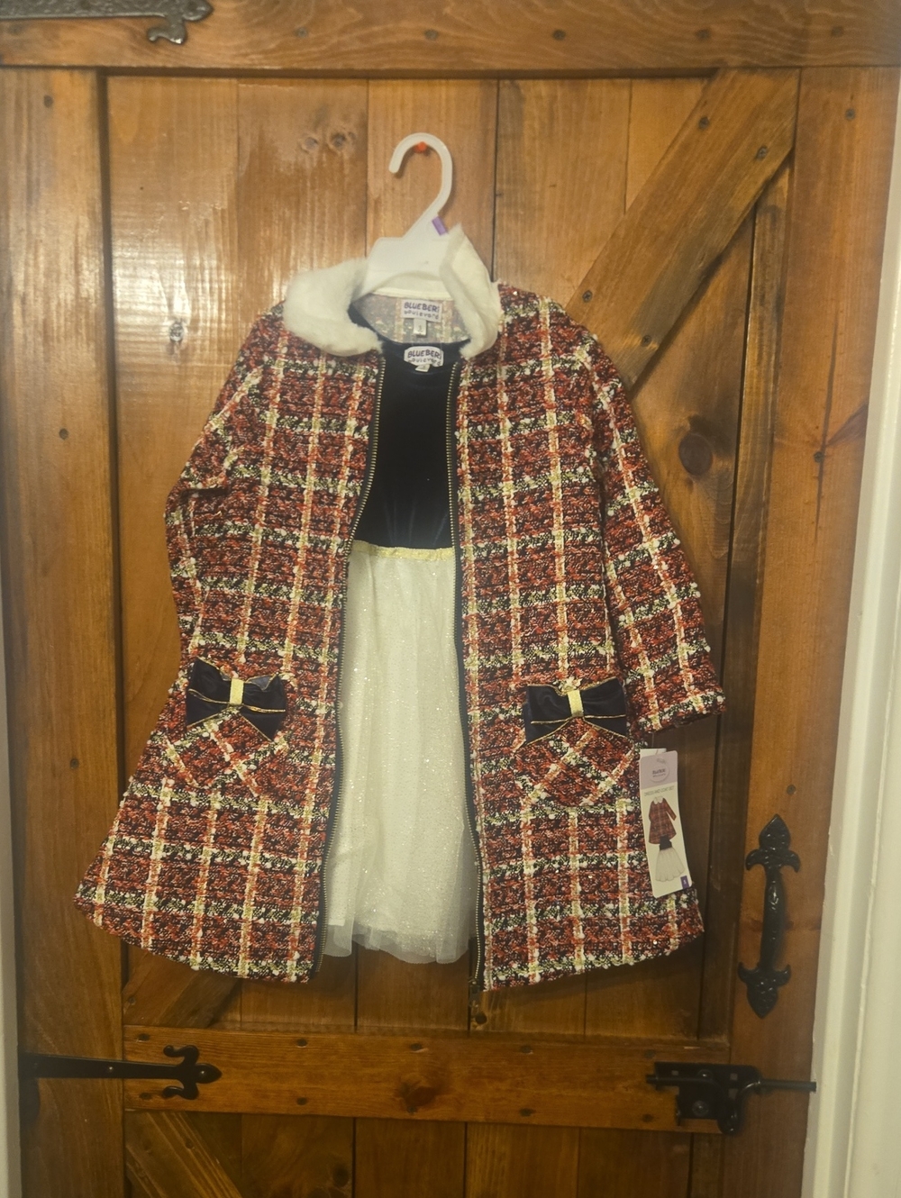 Red Multi-Color Tweed Pea Coat with Faux White Fur Collar